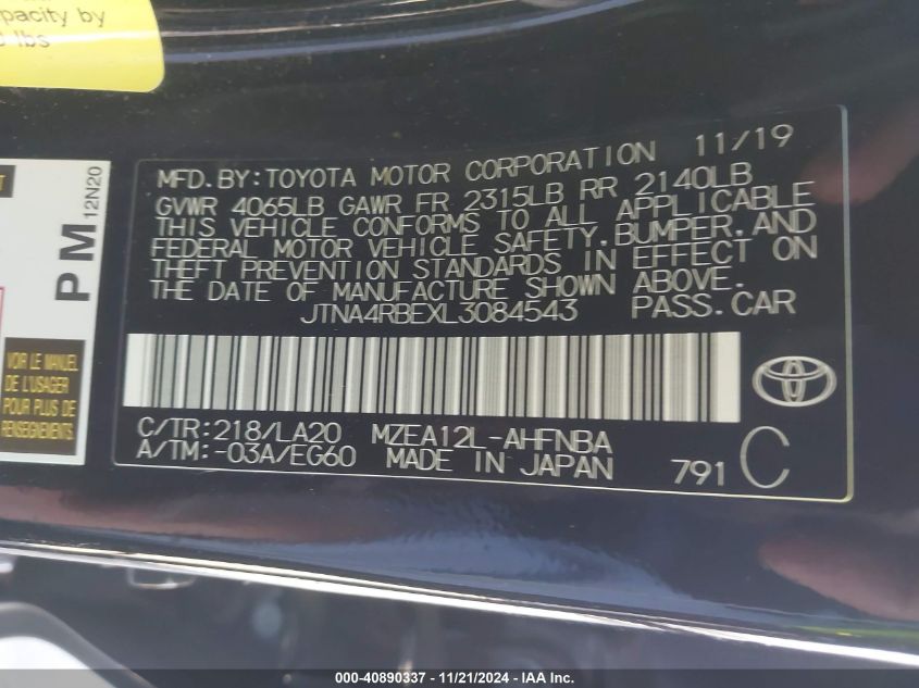 2020 Toyota Corolla Xse VIN: JTNA4RBEXL3084543 Lot: 40890337