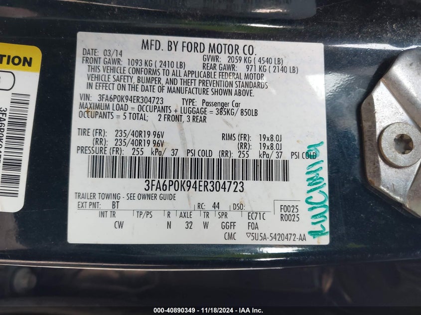 2014 FORD FUSION VIN: 3FA6P0K94ER304723
