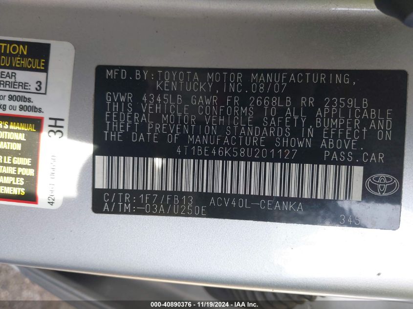 2008 Toyota Camry Le/Se/Xle VIN: 4T1BE46K584201127 Lot: 40890376