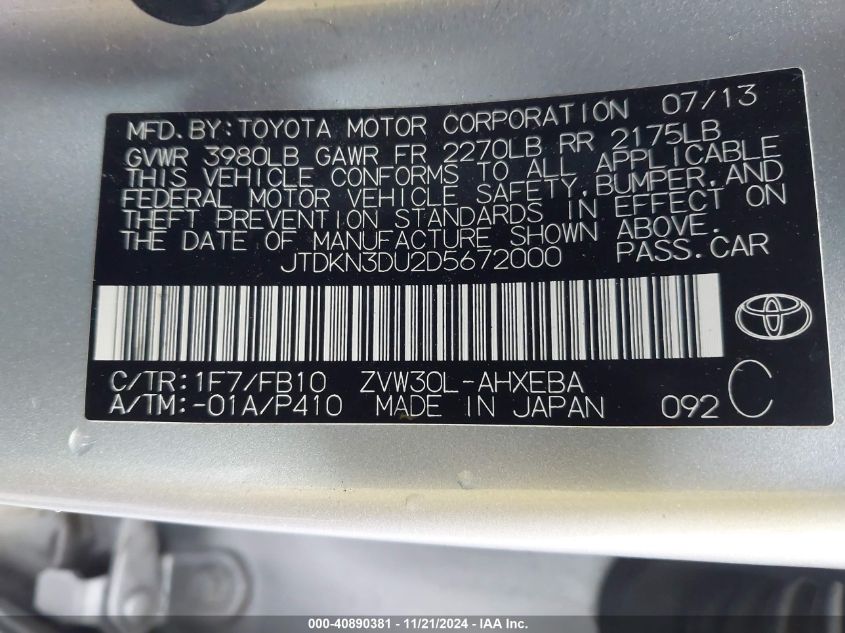 2013 Toyota Prius Three VIN: JTDKN3DU2D5672000 Lot: 40890381