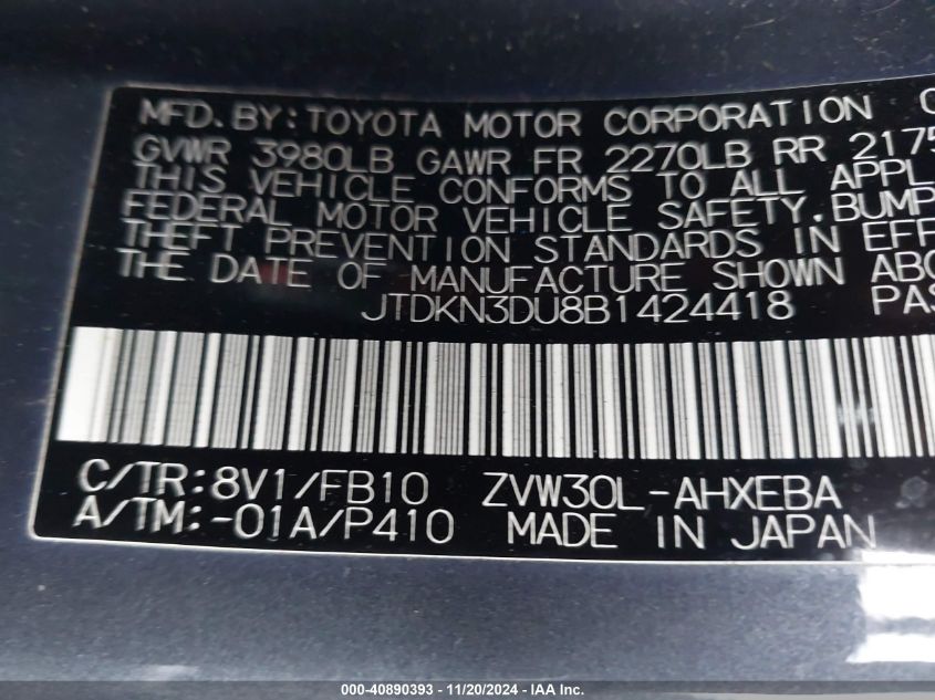 2011 Toyota Prius Two VIN: JTDKN3DU8B1424418 Lot: 40890393