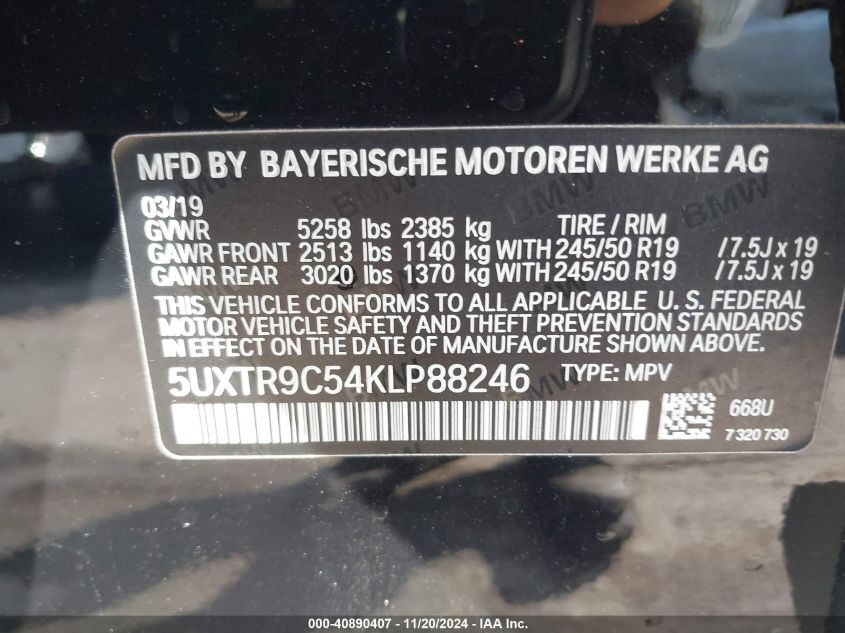 2019 BMW X3 XDRIVE30I - 5UXTR9C54KLP88246