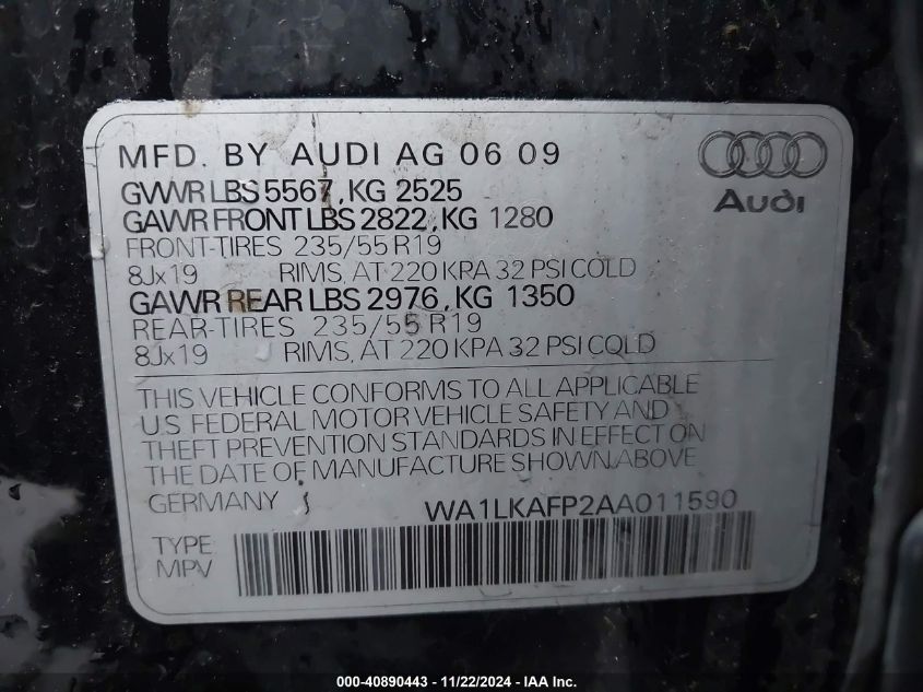 2010 Audi Q5 3.2 Premium VIN: WA1LKAFP2AA011590 Lot: 40890443