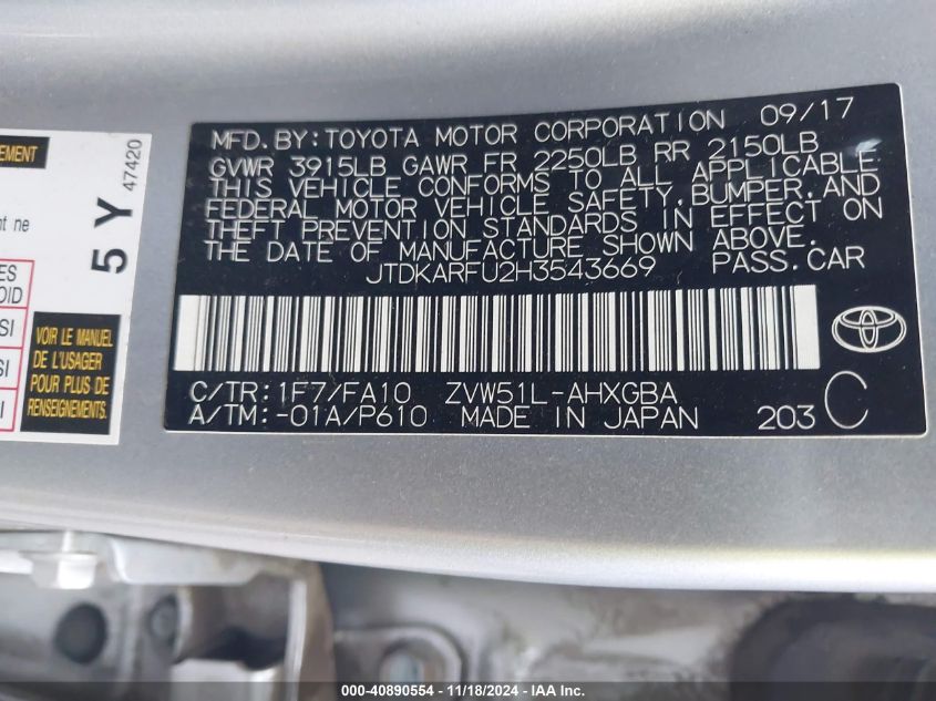 2017 Toyota Prius Three VIN: JTDKARFU2H3543669 Lot: 40890554