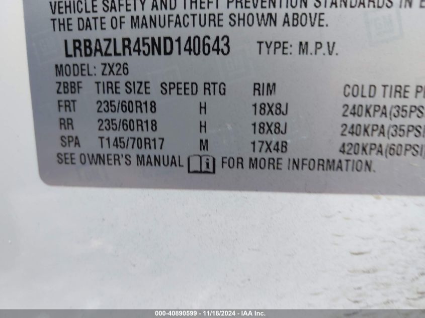 2022 Buick Envision Fwd Preferred VIN: LRBAZLR45ND140643 Lot: 40890599