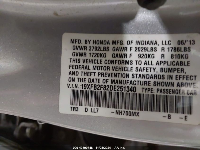 VIN 19XFB2F82DE251340 2013 Honda Civic, EX no.9