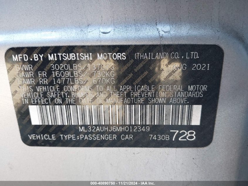 2021 Mitsubishi Mirage Carbonite Edition/Es/Le VIN: ML32AUHJ6MH012349 Lot: 40890750