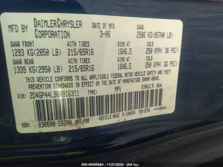 2006 Dodge Grand Caravan Sxt VIN: 2D4GP44L96R816311 Lot: 40890864