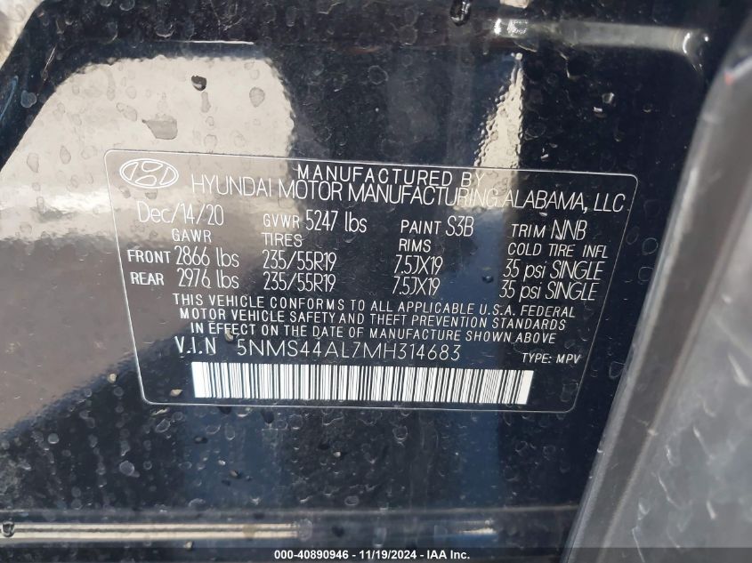 2021 Hyundai Santa Fe Limited VIN: 5NMS44AL7MH314683 Lot: 40890946