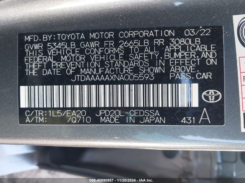 2022 Toyota Mirai Xle VIN: JTDAAAAAXNA005593 Lot: 40890957