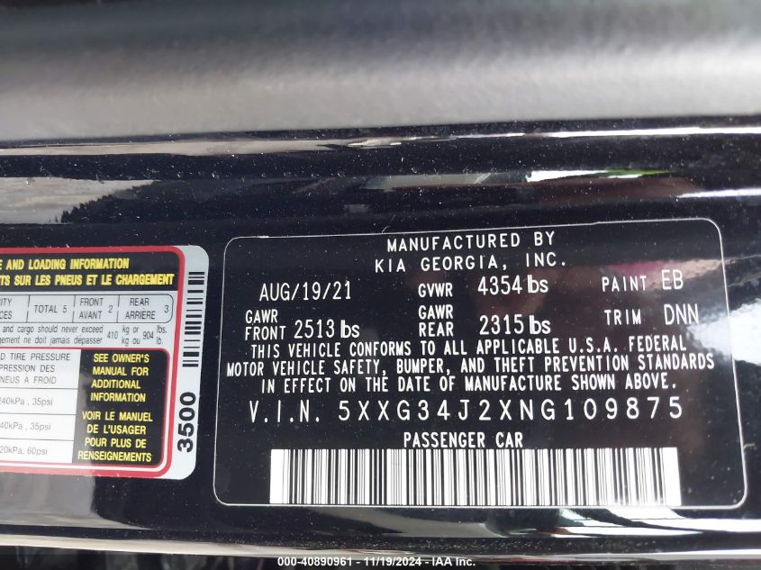 2022 KIA K5 VIN: 5XXG34J2XNG109875