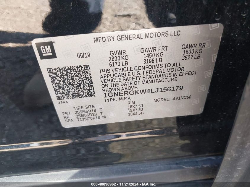 2020 Chevrolet Traverse Fwd Lt Cloth VIN: 1GNERGKW4LJ156179 Lot: 40890962