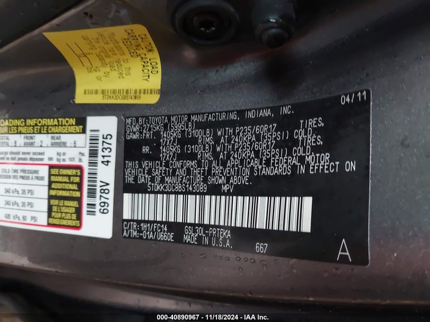 2011 TOYOTA SIENNA VIN: 5TDKK3DC8BS143089