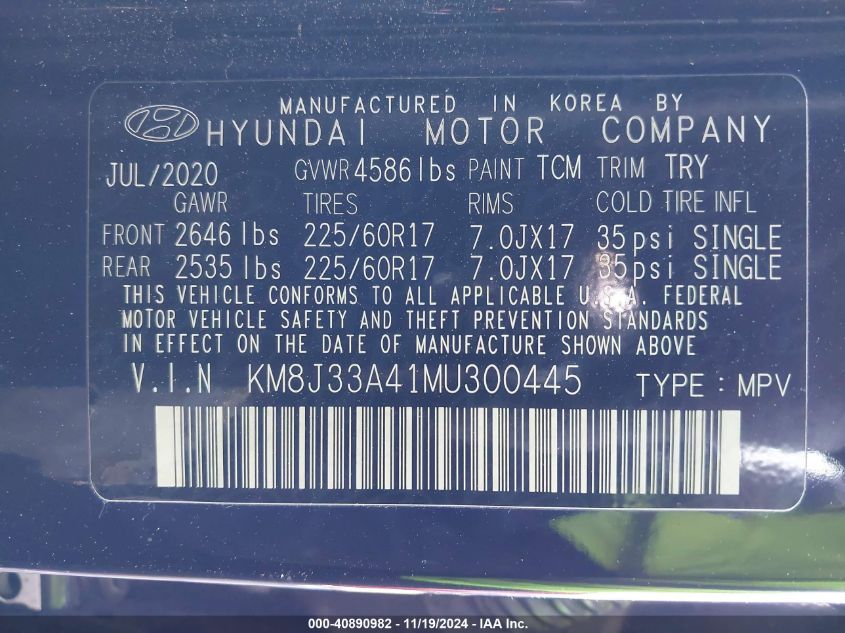 2021 Hyundai Tucson Value VIN: KM8J33A41MU300445 Lot: 40890982