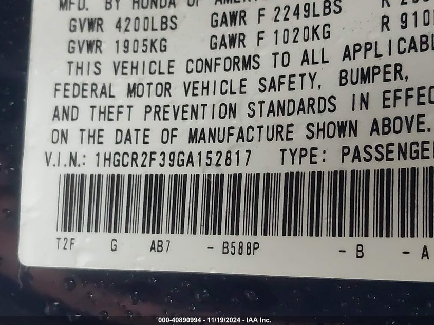 2016 HONDA ACCORD VIN: 1HGCR2F39GA152817
