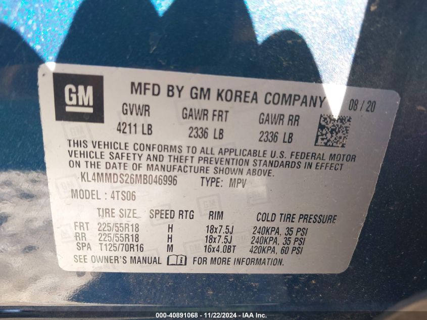 2021 Buick Encore Gx Fwd Select VIN: KL4MMDS26MB046996 Lot: 40891068