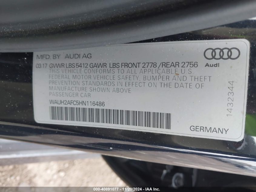 2017 Audi A6 3.0T Premium Plus VIN: WAUH2AFC5HN116486 Lot: 40891077