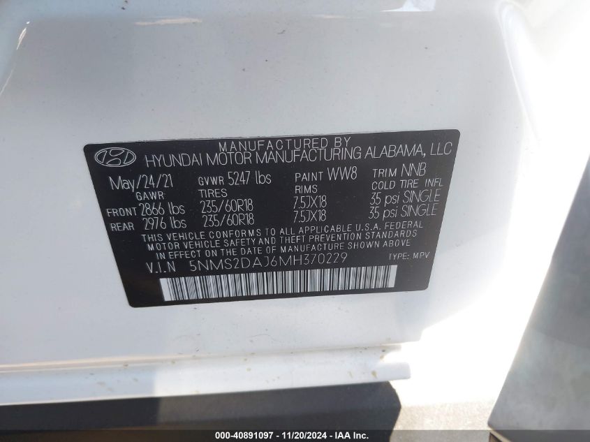 2021 Hyundai Santa Fe Sel VIN: 5NMS2DAJ6MH370229 Lot: 40891097