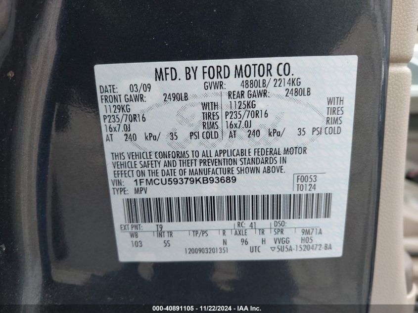 2009 Ford Escape Hybrid VIN: 1FMCU59379KB93689 Lot: 40891105