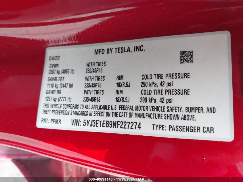 2022 Tesla Model 3 VIN: 5YJ3E1EB9NF227274 Lot: 40891143