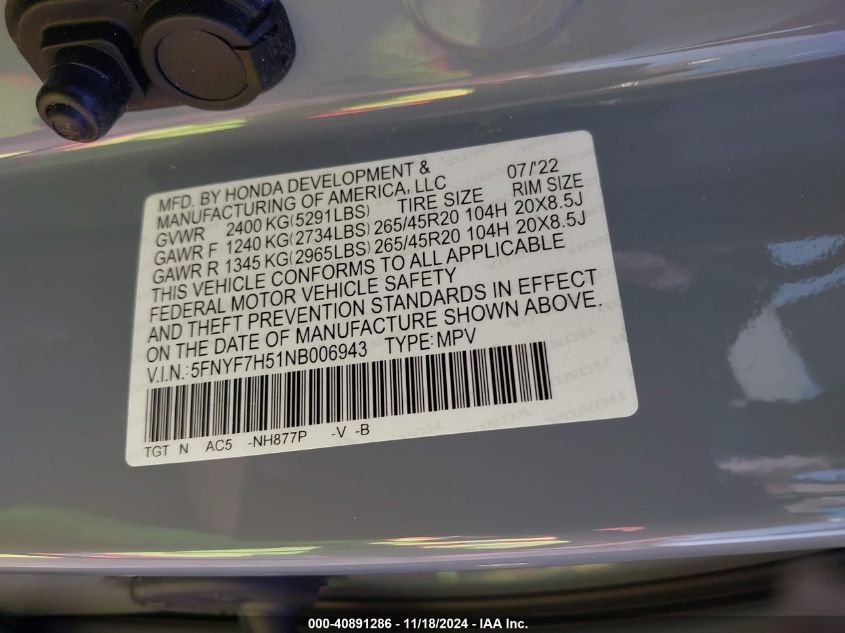 2022 Honda Passport 2Wd Ex-L VIN: 5FNYF7H51NB006943 Lot: 40891286