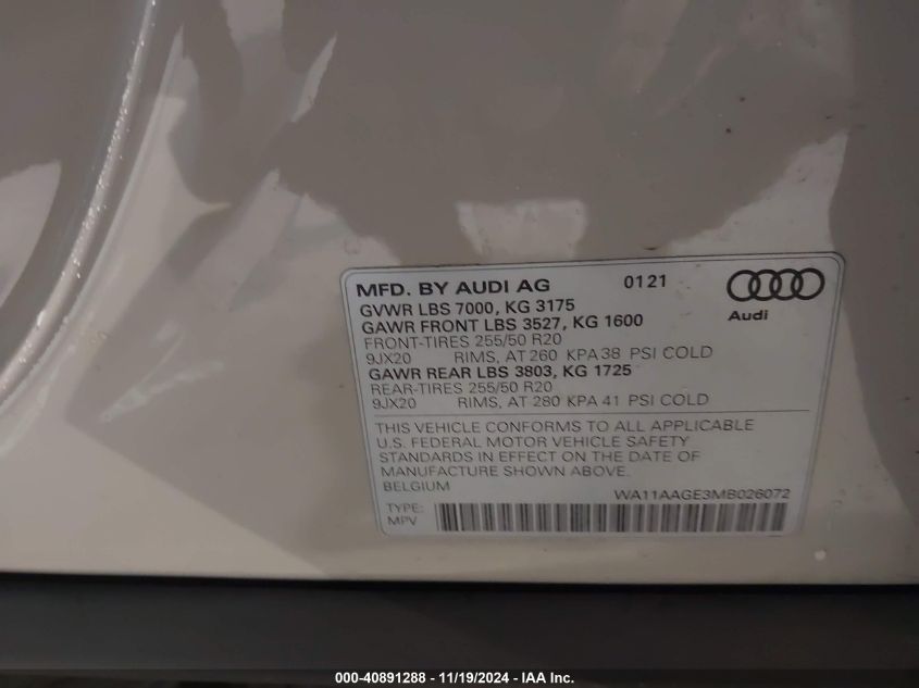 2021 Audi E-Tron Sportback Premium Quattro VIN: WA11AAGE3MB026072 Lot: 40891288