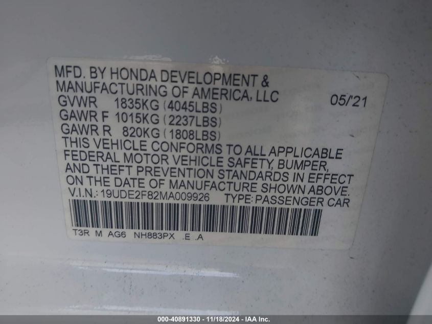 2021 Acura Ilx Premium A-Spec Packages/Technology A-Spec Packages VIN: 19UDE2F82MA009926 Lot: 40891330