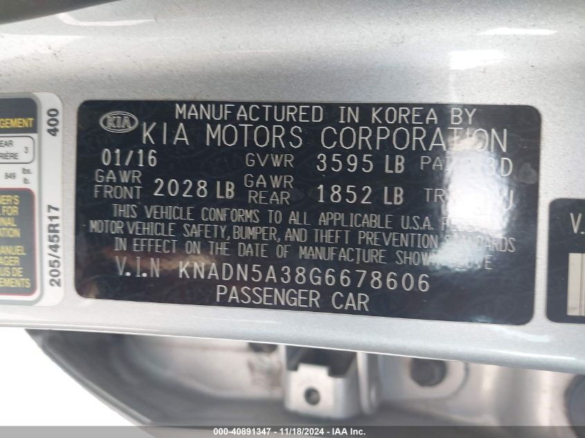 2016 Kia Rio Sx VIN: KNADN5A38G6678606 Lot: 40891347