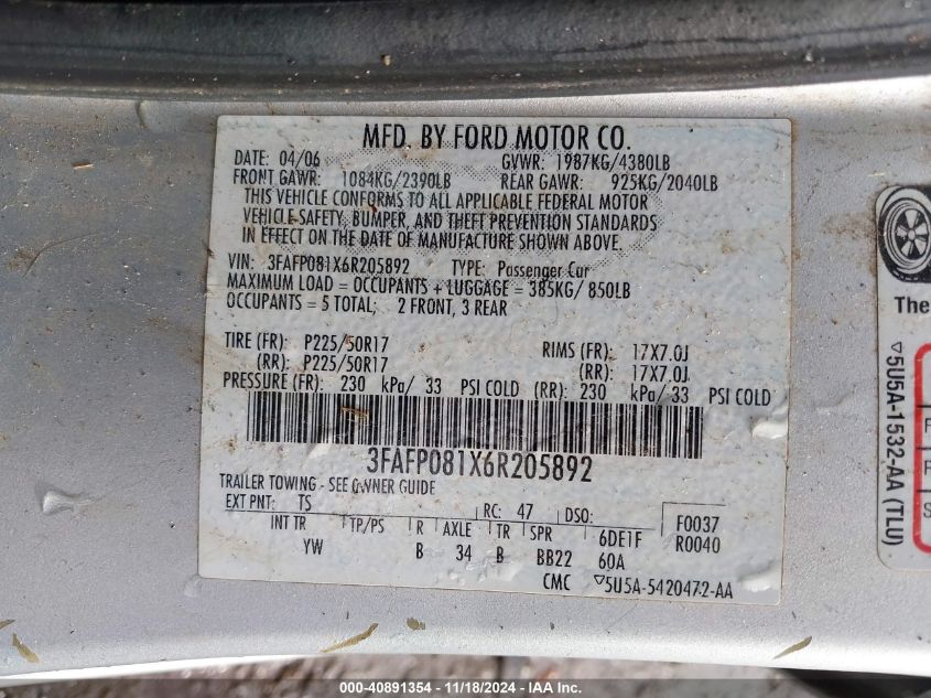 2006 Ford Fusion Sel VIN: 3FAFP081X6R205892 Lot: 40891354