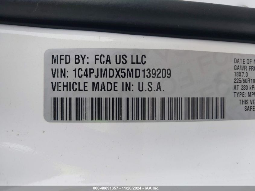 2021 Jeep Cherokee Limited 4X4 VIN: 1C4PJMDX5MD139209 Lot: 40891357