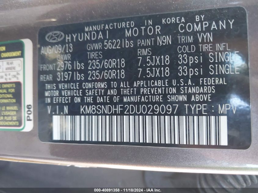 2013 Hyundai Santa Fe Gls VIN: KM8SNDHF2DU029097 Lot: 40891358