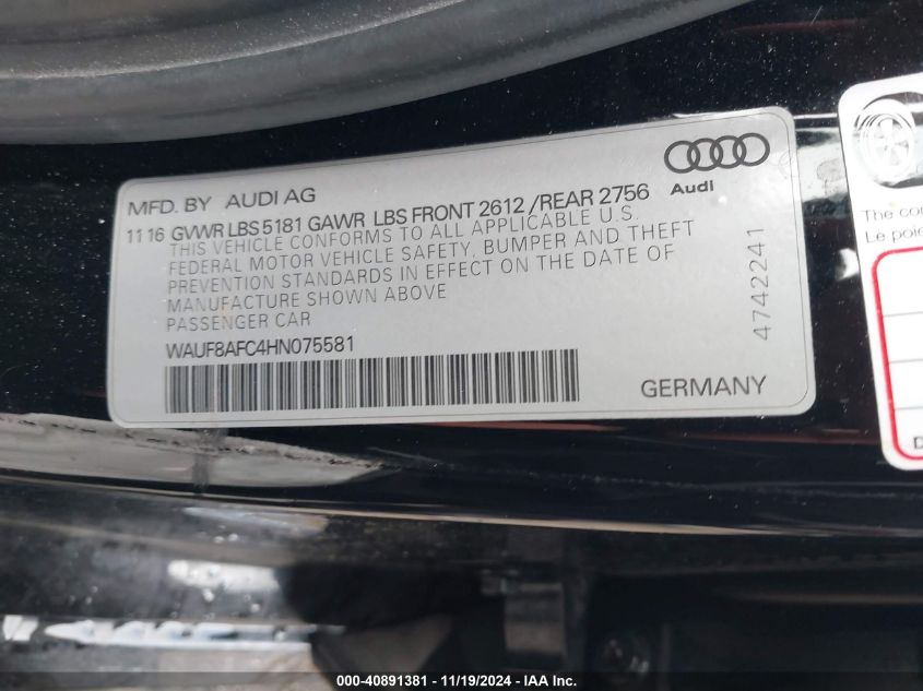 2017 AUDI A6 2.0T PREMIUM - WAUF8AFC4HN075581