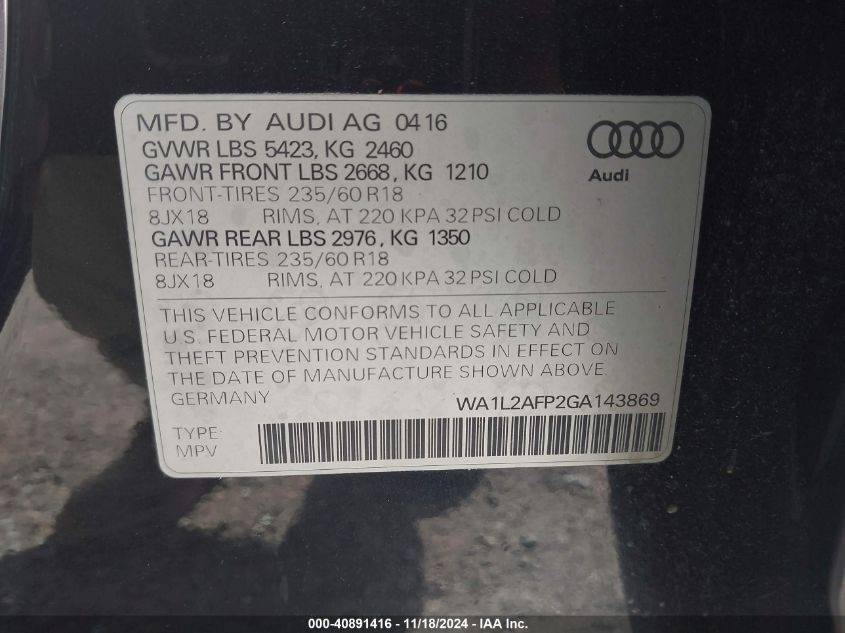 2016 Audi Q5 2.0T Premium VIN: WA1L2AFP2GA143869 Lot: 40891416