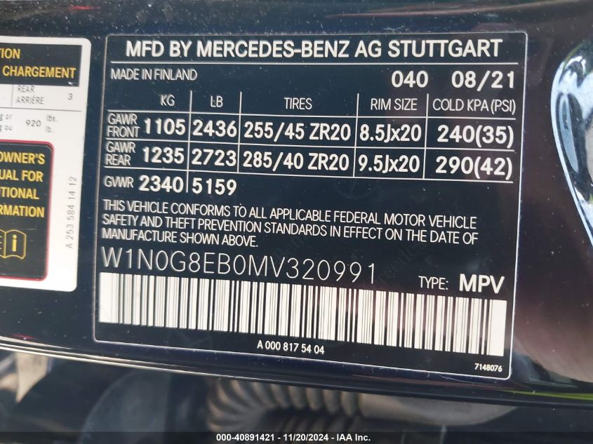 2021 Mercedes-Benz Glc 300 4Matic Suv VIN: W1N0G8EB0MV320991 Lot: 40891421