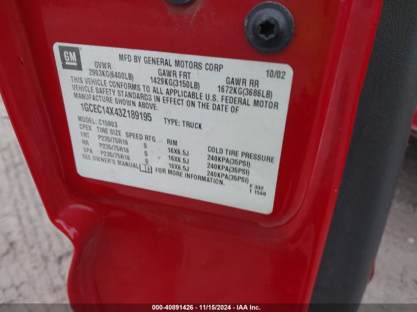 2003 Chevrolet Silverado 1500 Ls/Work Truck VIN: 1GCEC14X63Z189151 Lot: 40891426