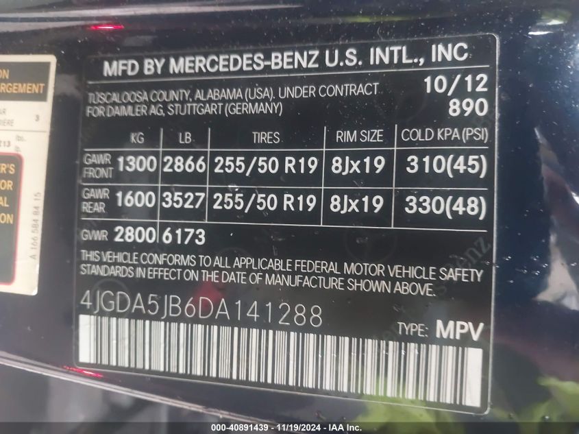 2013 Mercedes-Benz Ml 350 VIN: 4JGDA5JB6DA141288 Lot: 40891439