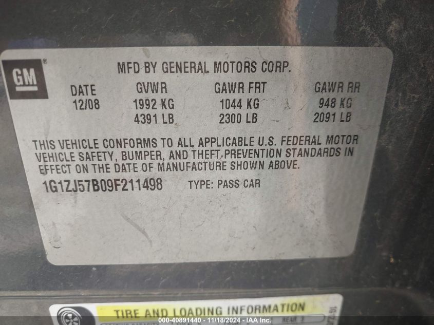 2009 CHEVROLET MALIBU VIN: 1G1ZJ57B09F211498