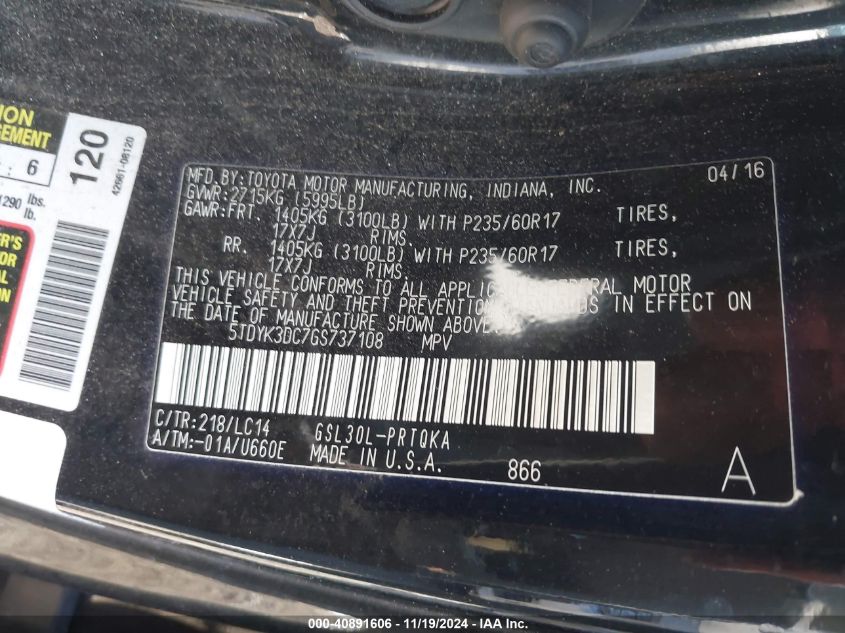 VIN 5TDYK3DC7GS737108 2016 TOYOTA SIENNA no.9