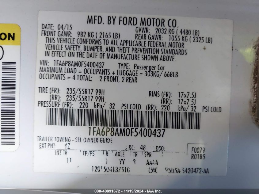 VIN 1FA6P8AM0F5400437 2015 FORD MUSTANG no.9