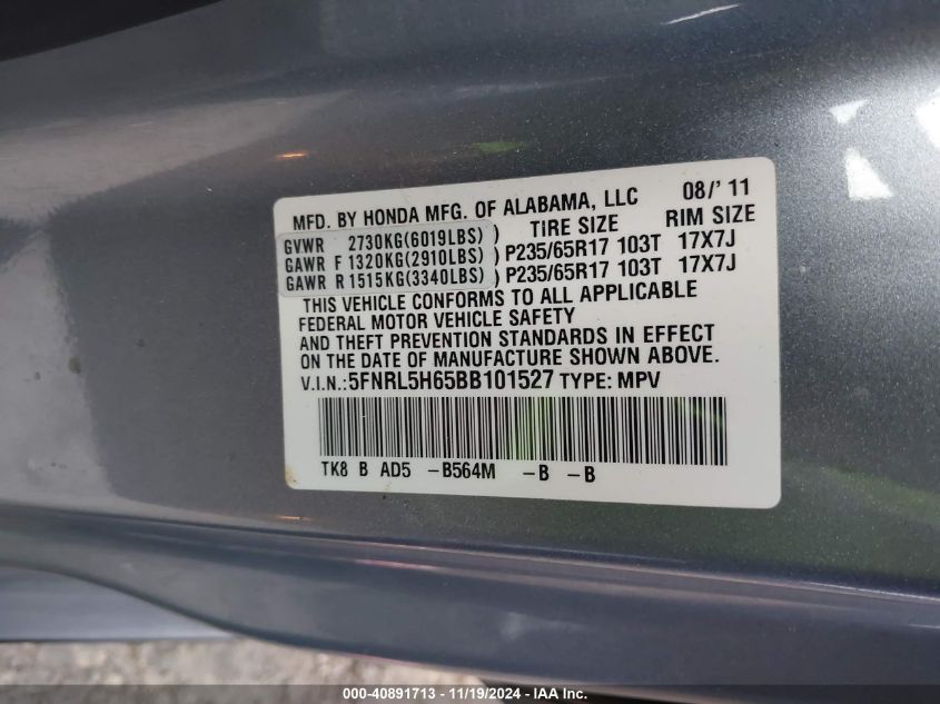 2011 Honda Odyssey Ex-L VIN: 5FNRL5H65BB101527 Lot: 40891713