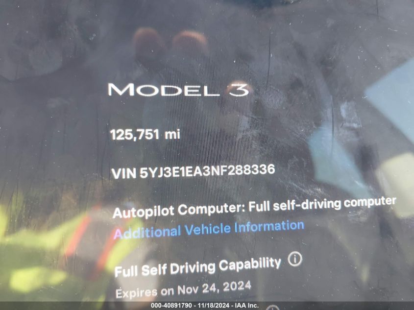 2022 Tesla Model 3 Rear-Wheel Drive VIN: 5YJ3E1EA3NF288336 Lot: 40891790