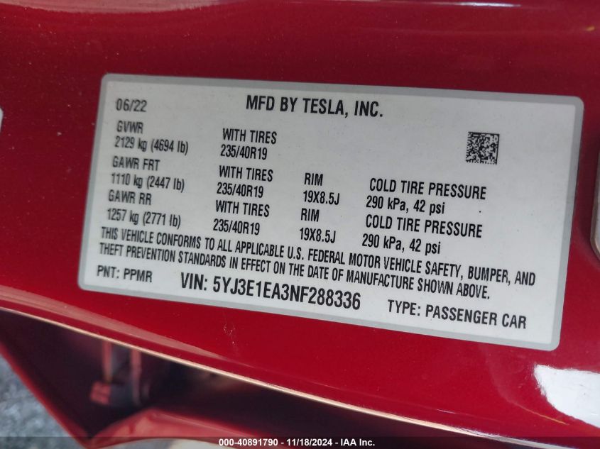 2022 Tesla Model 3 Rear-Wheel Drive VIN: 5YJ3E1EA3NF288336 Lot: 40891790