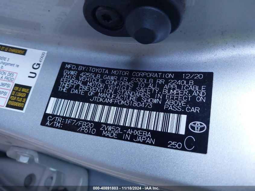 VIN JTDKAMFP0M3180473 2021 TOYOTA PRIUS PRIME LE