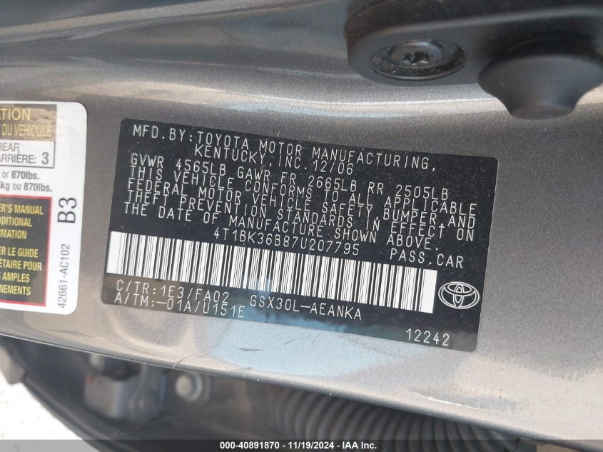 2007 TOYOTA AVALON VIN: 4T1BK36B87U207795
