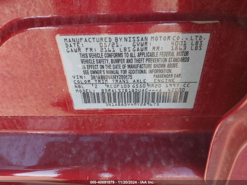 2021 Nissan Sentra Sr Xtronic Cvt VIN: 3N1AB8DV4MY289675 Lot: 40891879