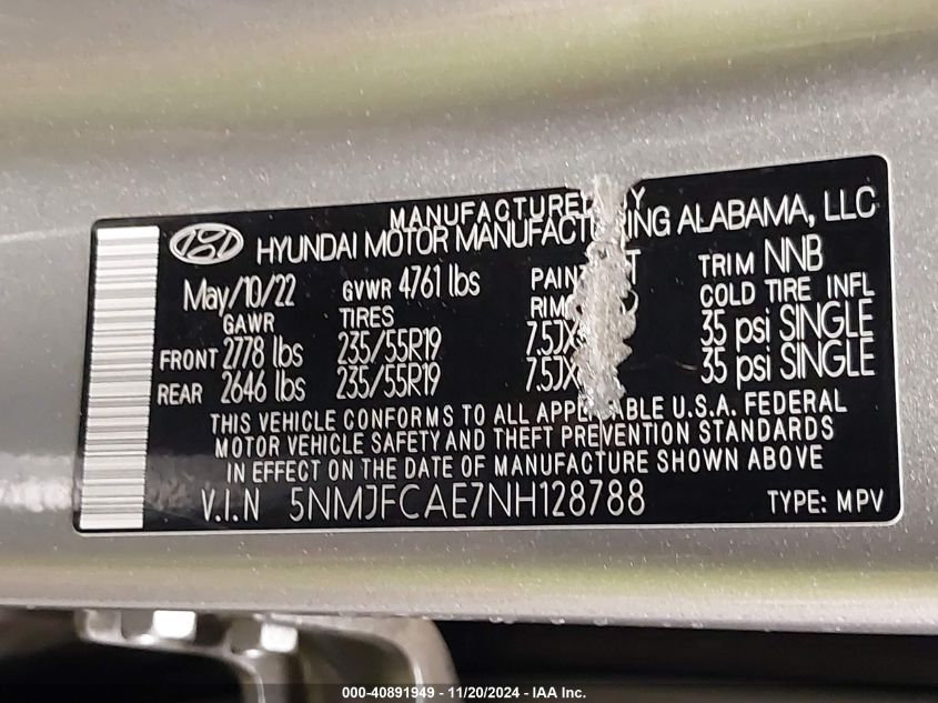 VIN 5NMJFCAE7NH128788 2022 HYUNDAI TUCSON SEL