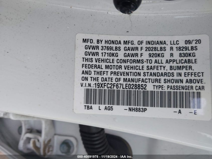 2020 Honda Civic Lx VIN: 19XFC2F67LE028852 Lot: 40891978