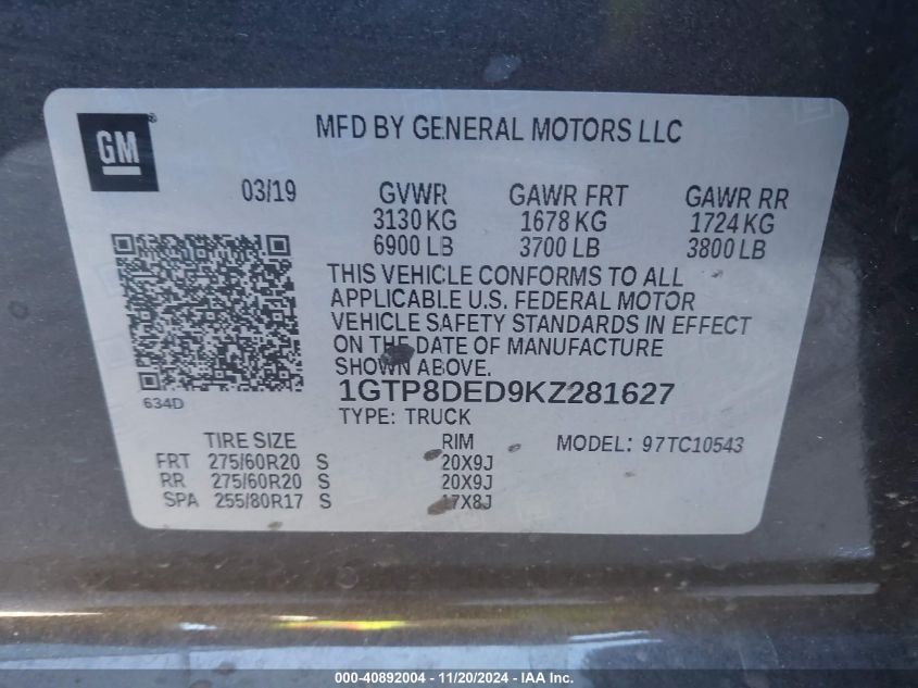 2019 GMC SIERRA 1500 VIN: 1GTP8DED9KZ281627