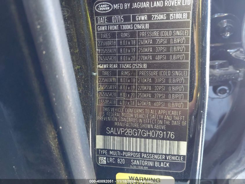 2016 LAND ROVER RANGE ROVER EVOQUE SE/SE PREMIUM - SALVP2BG7GH079176