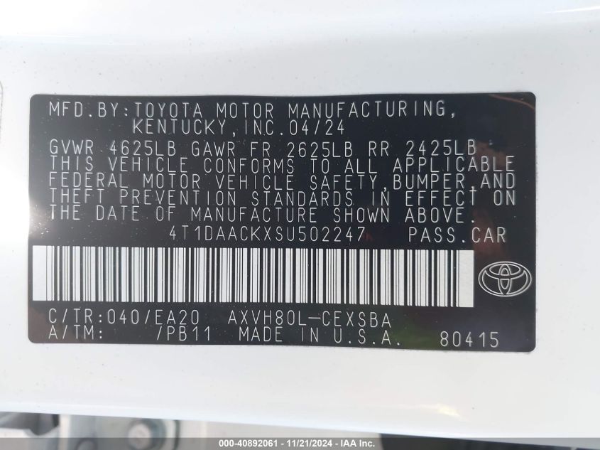 2025 Toyota Camry Se VIN: 4T1DAACKXSU502247 Lot: 40892061